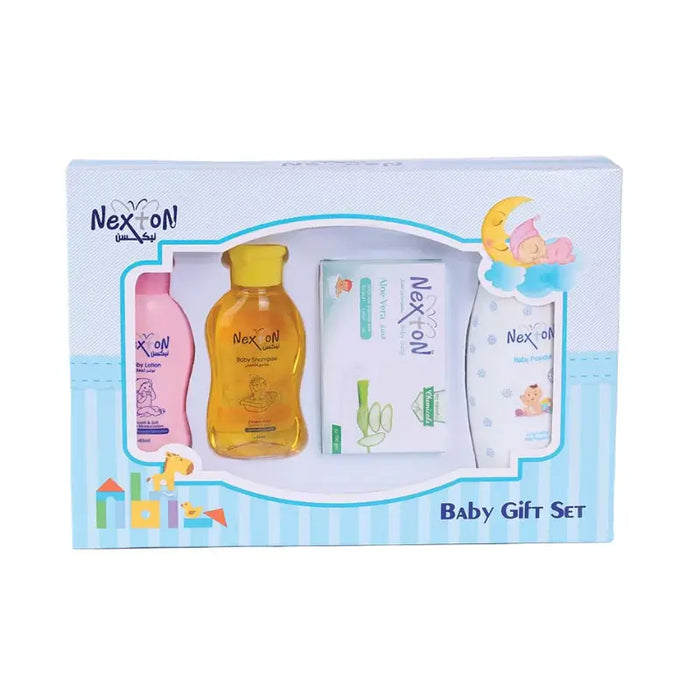 Baby gift set with bottles and containers in a Nexton branded box on a white background