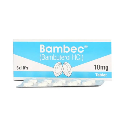 Bambec Bambuterol HCI 10mg tablet packaging on a white background