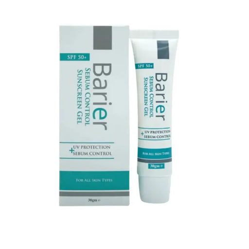 Barier serum control sunscreen gel with packaging on a white background