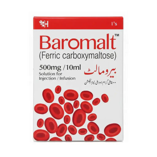 Baromalt medication packaging with red blood cell illustration on a white background
