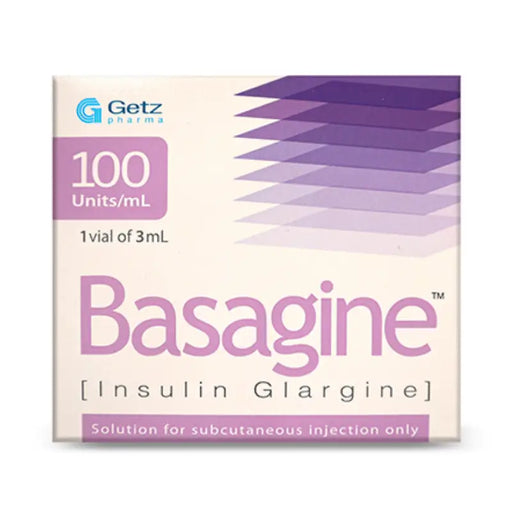 Box of Basagine insulin glargine with Getz Pharma branding on a white background