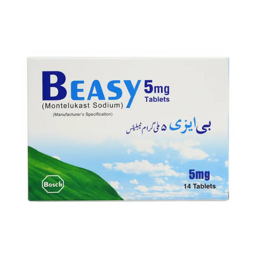 Box of BEASY 5mg Tablets with a scenic design on the background
