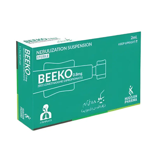 Green box of BEEKO nebulization suspension with Hudson Pharma branding on a white background