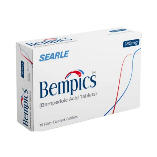 Box of Bempics tablets by Searle on a white background