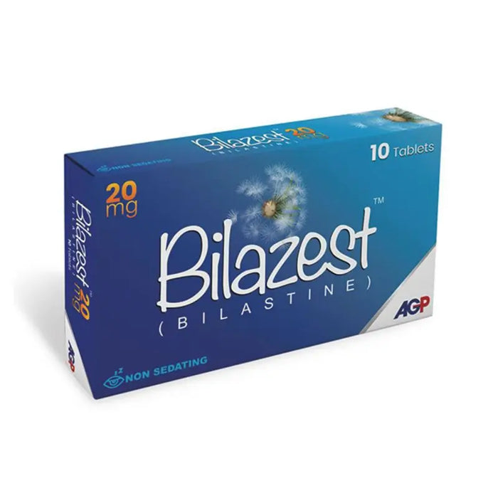 Box of Bilazest (Bilastine) tablets with blue and white design