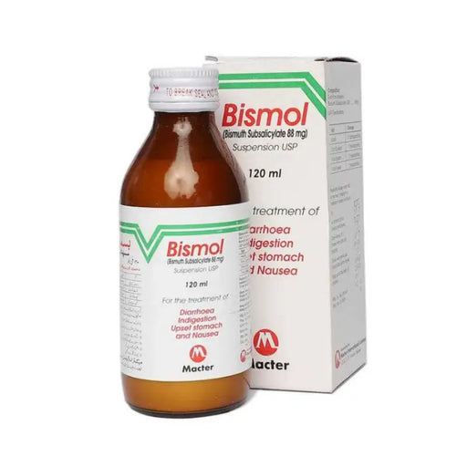 Bismol bottle and packaging on a white background