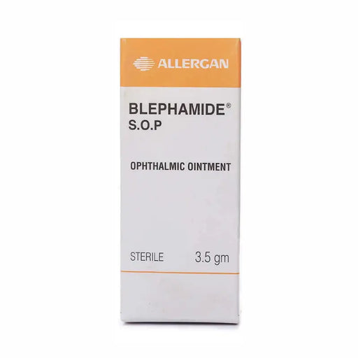 Box of Allergan Blephamide SOP Ophthalmic Ointment on a white background