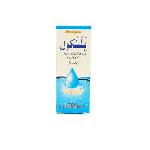 Packaging of a eye drop solution with blue and white design on a white background
