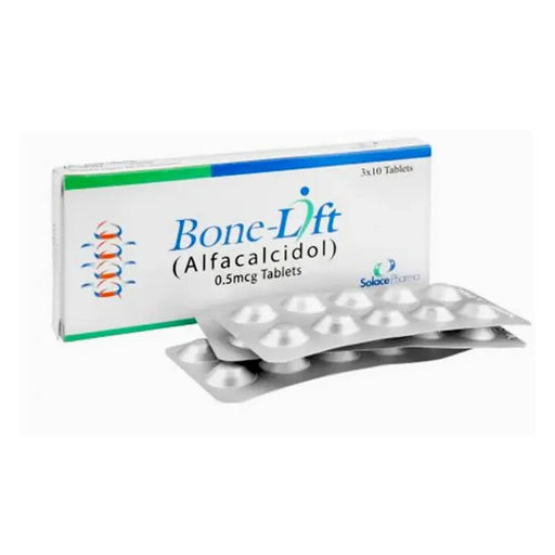 Packaging of Bone-Lift Alfacalcidol tablets with blister pack on a white background