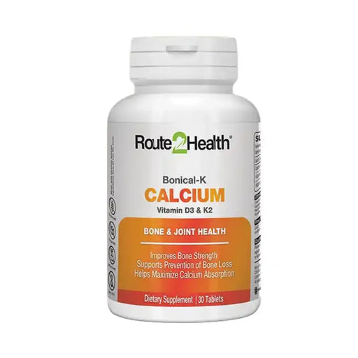 Supplement bottle labeled 'Route 2 Health Calcium' on a white background