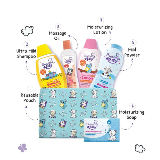 Butterfly Baby product set including shampoo, lotion, powder, and soap with packaging on a white background.