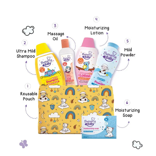 Butterfly Baby product set with shampoo, lotion, powder, soap, and pouch on a white background