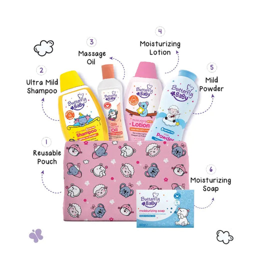 Butterfly Baby product set with shampoo, lotion, powder, soap, and pouch on a white background