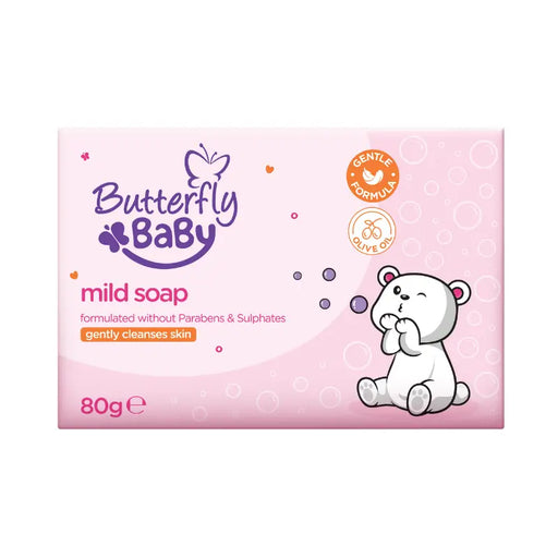 Butterfly Baby mild soap packaging with a bear illustration on a pink background