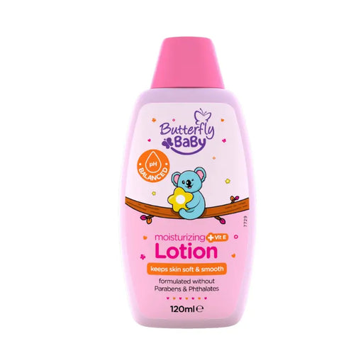 Butterfly Baby moisturizing lotion bottle with pink cap and label on a white background