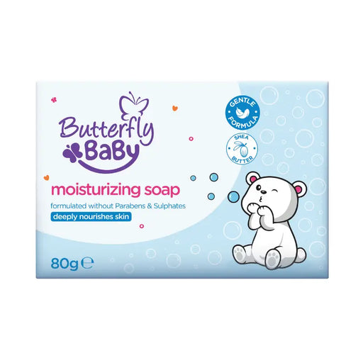 Butterfly Baby moisturizing soap packaging with a bear illustration on a white background