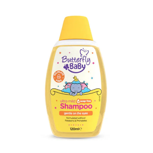 Butterfly Baby shampoo bottle with yellow cap and label on a white background