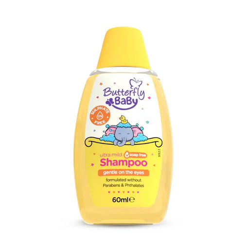 Yellow bottle of Butterfly Baby shampoo with a white label on a white background