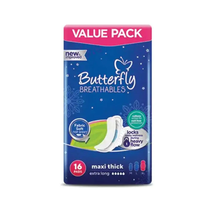 Butterfly Breathables maxi thick extra long pads packaging on a white background