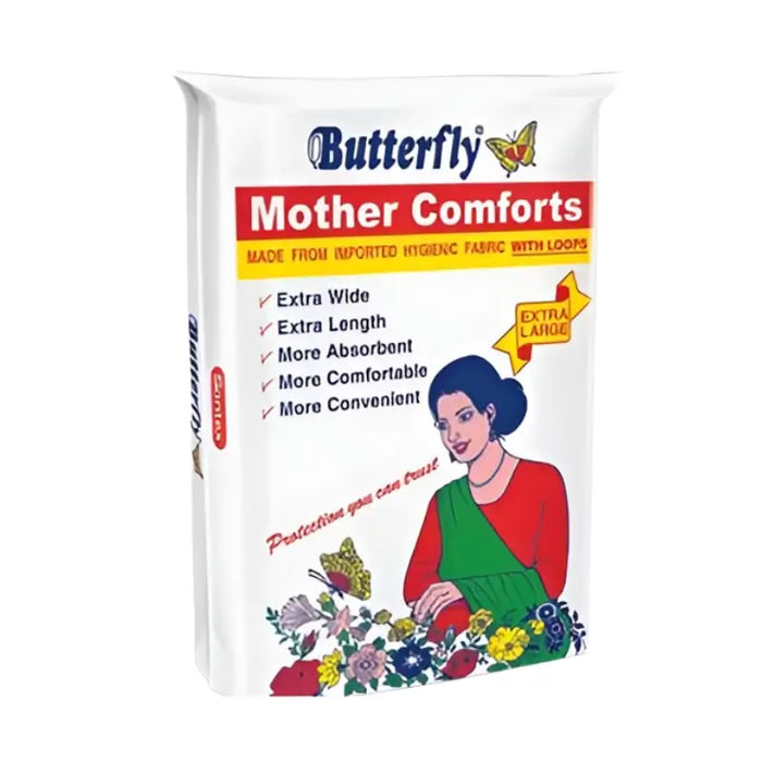 Butterfly Mother Comforts product packaging with a woman illustration and product features on a white background