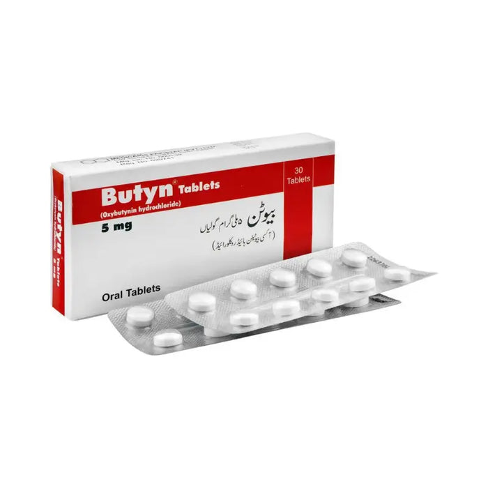 Box of Butyn Tablets with white tablets on a white background