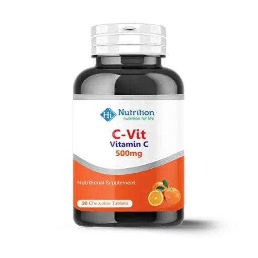Supplement bottle labeled 'C-Vit Vitamin C 500mg' by HI Nutrition on a white background