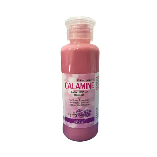 Pink bottle of Calamine lotion on a white background