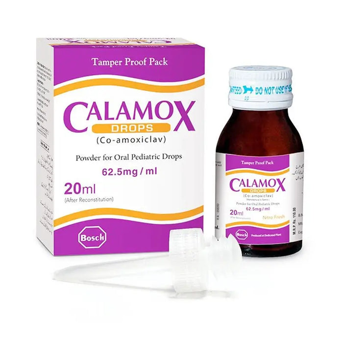 Calamox Drops packaging and bottle on a white background