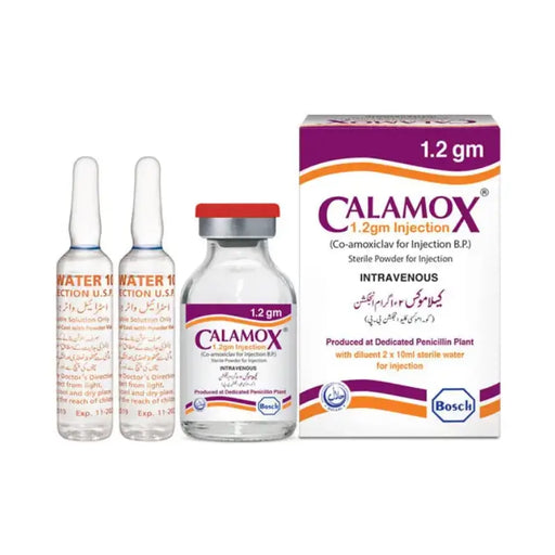 Calamox injection packaging including vials and box on a white background