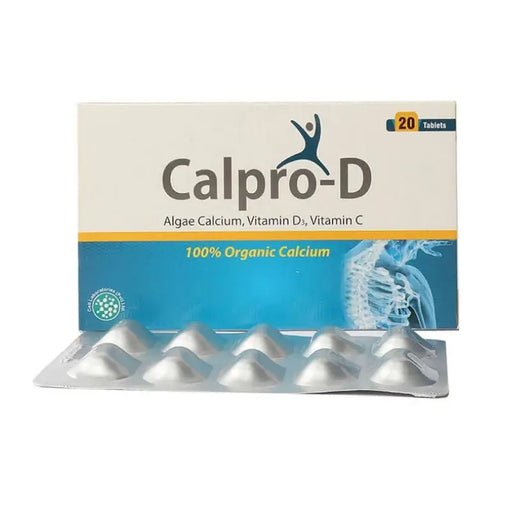 Calpro-D supplement packaging with tablets on a white background