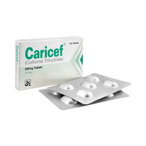 Caricef medication packaging with tablets on a white background