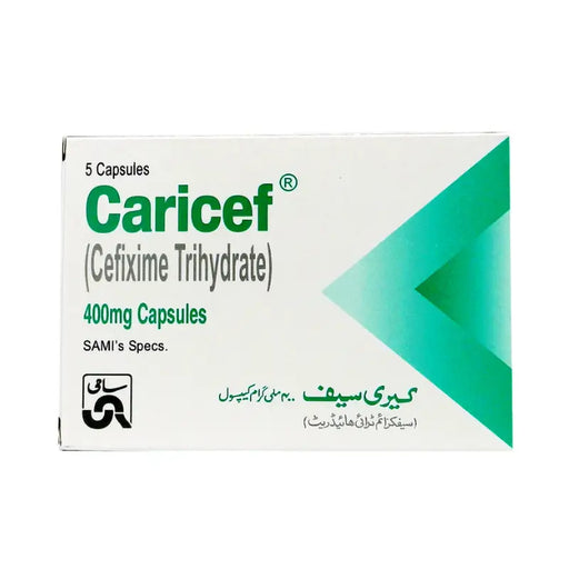 Box of Caricef (Cefixime Trihydrate) capsules on a white background
