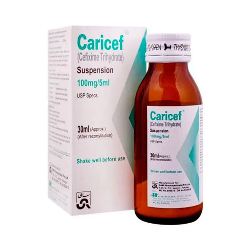 Caricef suspension bottle and packaging on a white background