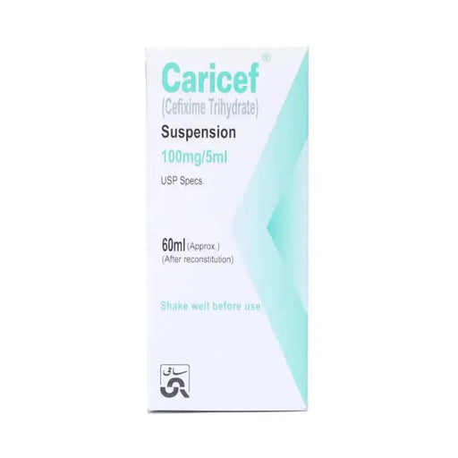 Caricef suspension packaging on a white background