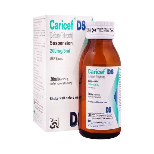 Caricet DS suspension bottle and packaging on a white background