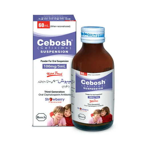 Cebosh Cefixime Suspension bottle and packaging on a white background
