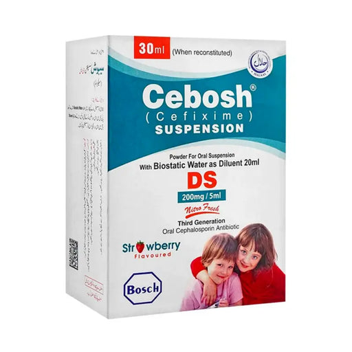 Cebosh Cefixime Suspension packaging with children on a white background