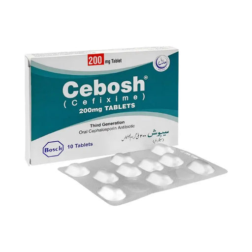 Cebosh Cefixime 200mg tablets packaging with blister pack on a white background