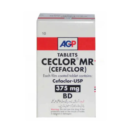 Box of AGP Ceclor MR Cefaclor tablets on a white background