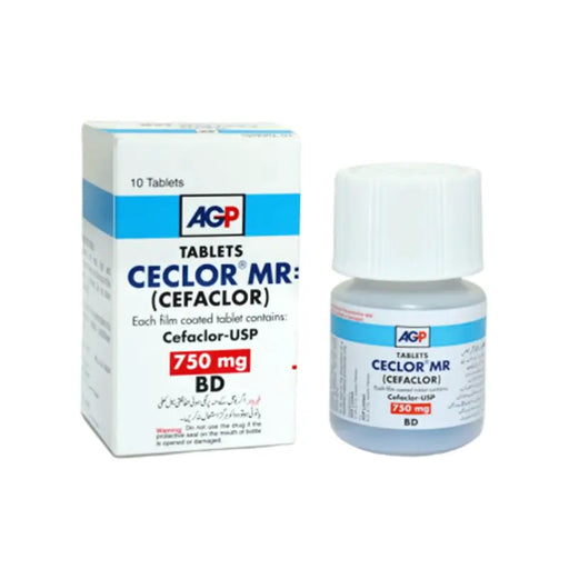 AGP Cefaclor MR tablets packaging and bottle on a white background