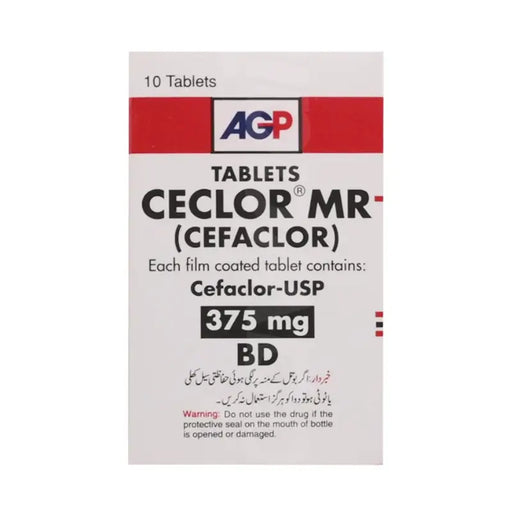 Box of A.G.P. Cefaclor MR tablets on a white background