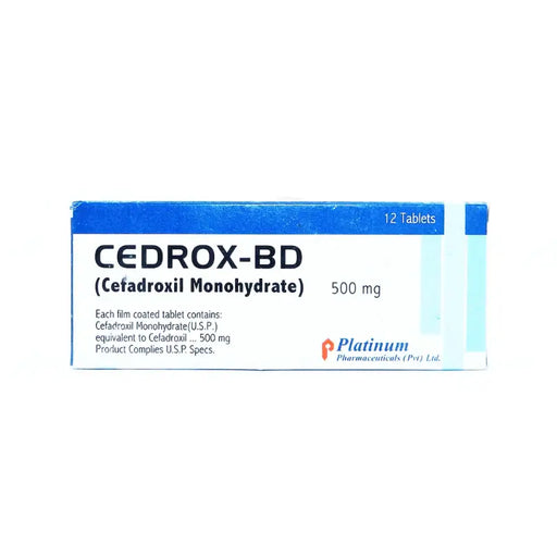 Box of Cedrox-BD tablets with Platinum Pharmaceuticals label on a white background
