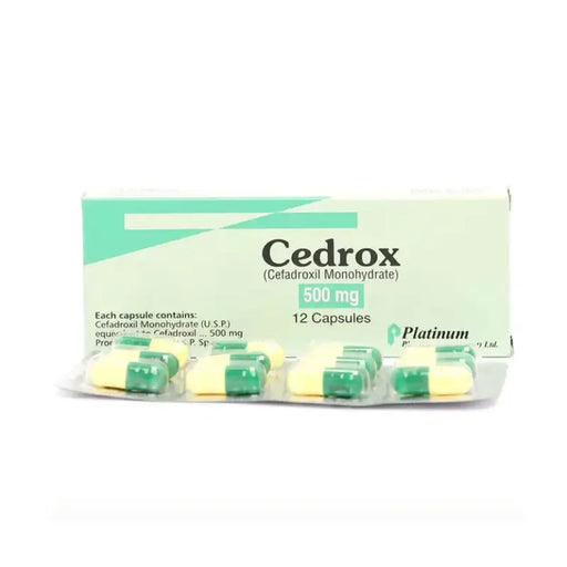 Cedrox medication packaging with capsules on a white background
