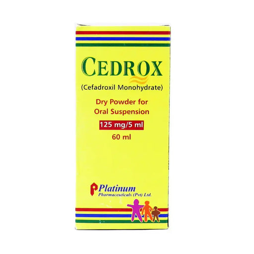 Yellow box of Cedrox dry powder for oral suspension with colorful stripes on a white background