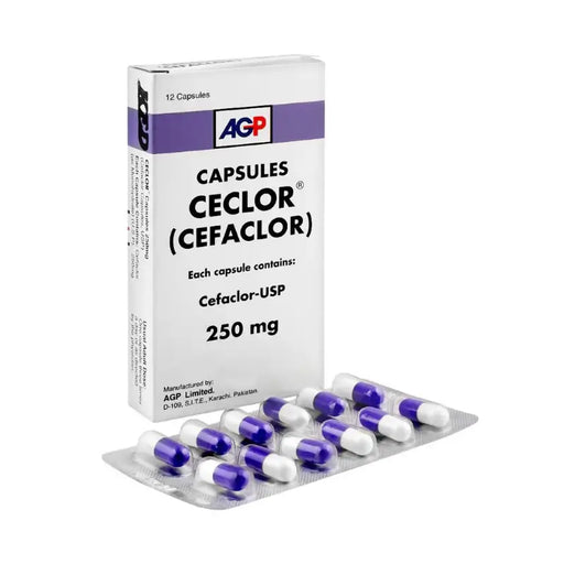 Box of AGP Capsules Cefaclor with blister pack of capsules on a white background