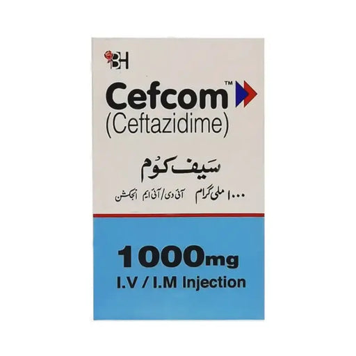 Cefcom Ceftazidime packaging with Arabic text on a white background