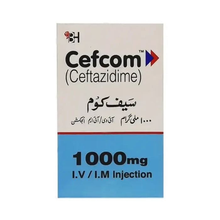 Cefcom Ceftazidime packaging with Arabic text on a white background