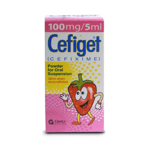 Cefiget Cefixime packaging with a cartoon strawberry character on a white background