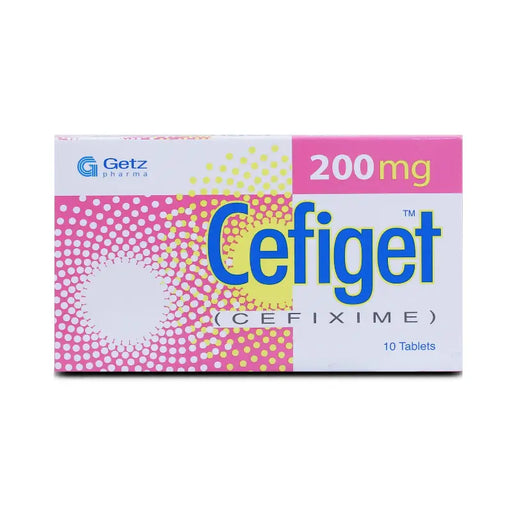 Cefiget 200mg packaging with Getz Pharma logo on a white background