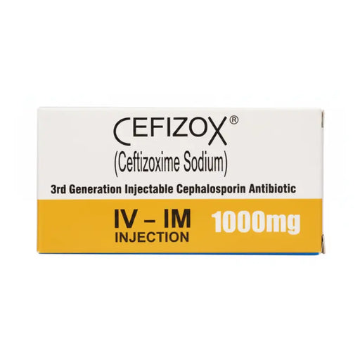 CEFIZOX antibiotic packaging on a white background